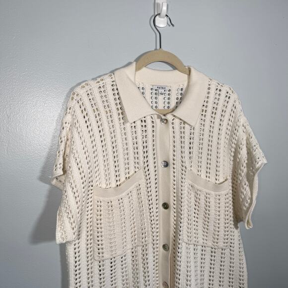 Pistola Lola Open-Knit Button-Front Crochet Cardigan Sweater Ecru Cream L - Picture 5 of 9